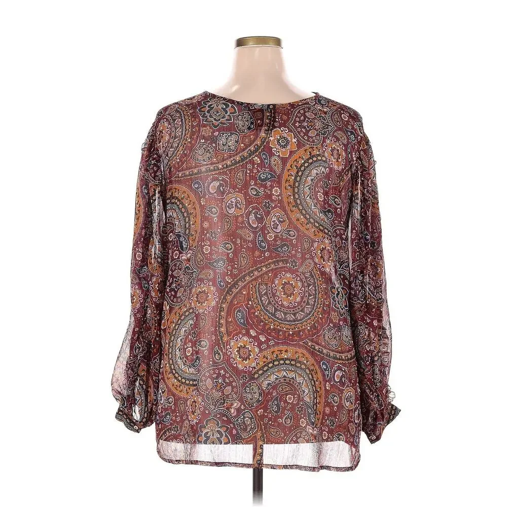 Johnny Was Epsilon Paisley Peasant Top 2X Boho Chic Colorful Sheer Pintuck Jade